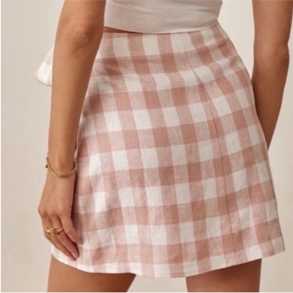 NWOT Reformation Sax Side Tie Wrap Checkered Allover Pattern Linen Miniskirt SM - Picture 2 of 5